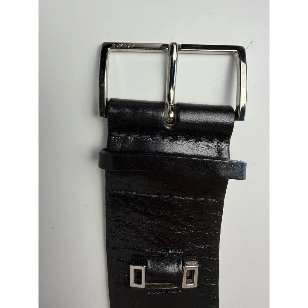DKNY Womens Leather Wide Belt XL Black Silver Hardware Studded Statement 40